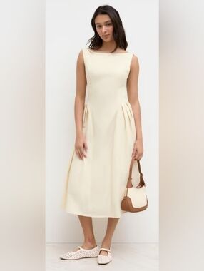 Cider Linen Blend Midi Dress Size M Ivory Beige Fit & Flare Pockets Low Back NWT